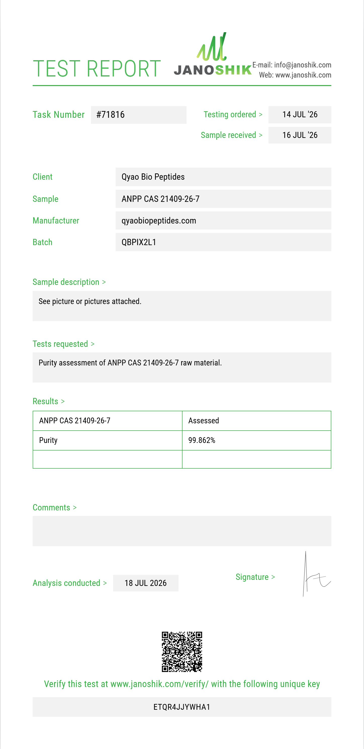 ANPP (4-anilino-N-phenethylpiperidine) CAS 21409-26-7 Purity (HPLC) report by Janoshik Analytical