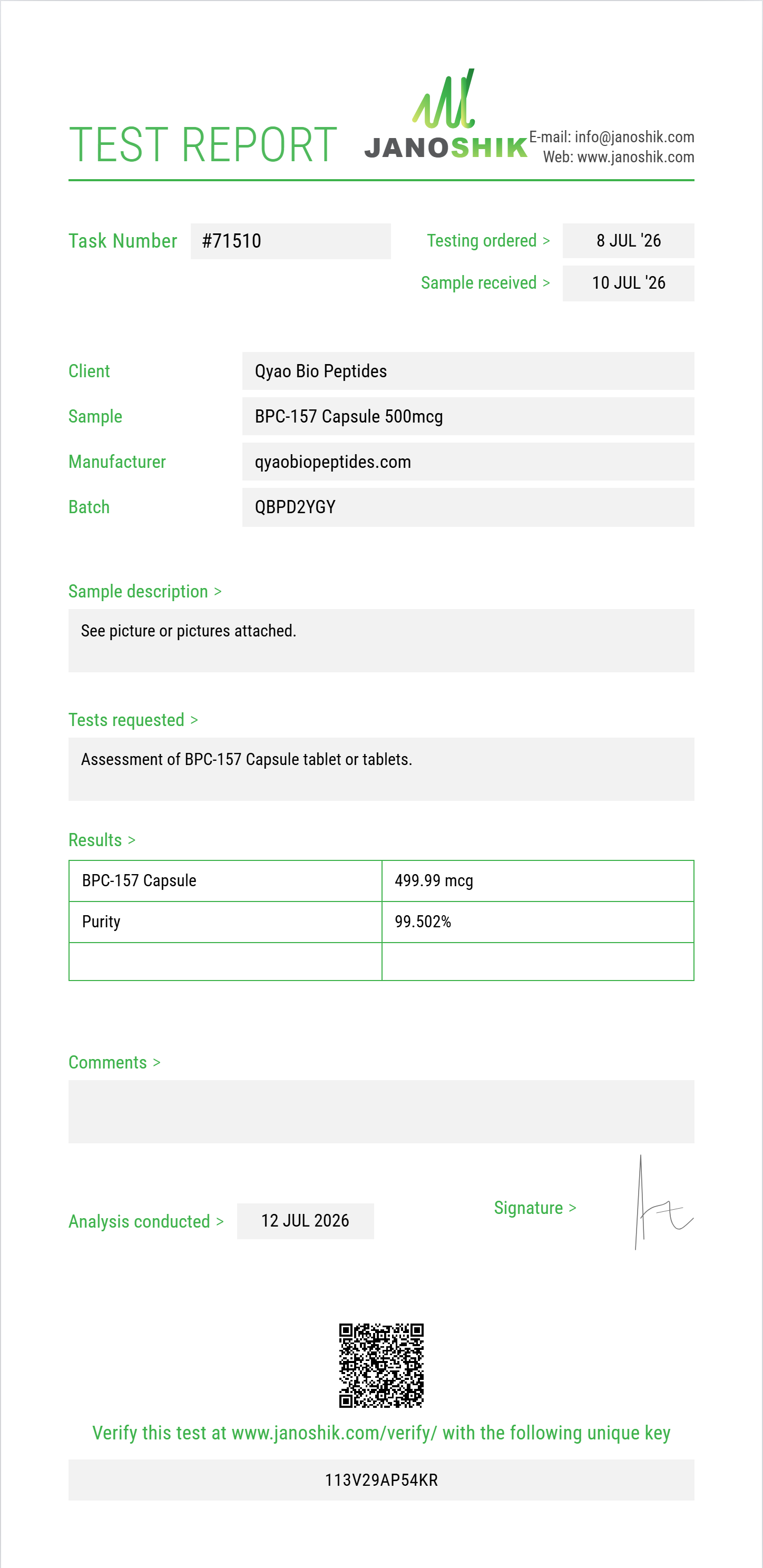 BPC-157 Capsule Purity (HPLC) report by Janoshik Analytical