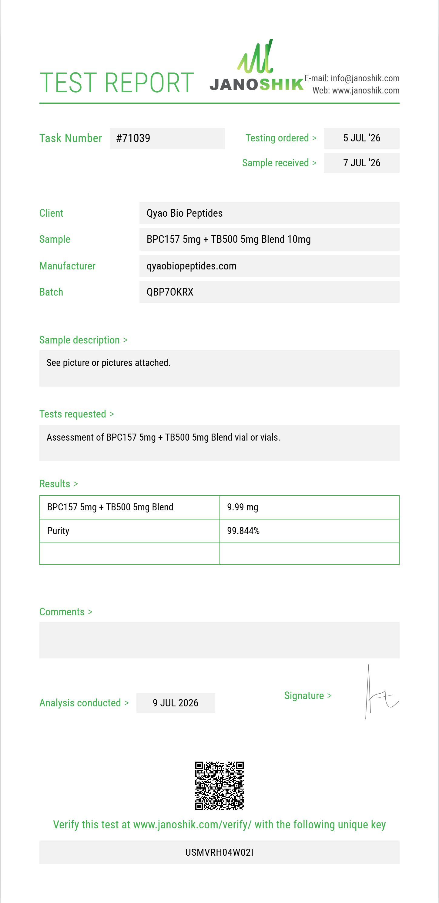 BPC157 5mg + TB500 5mg Blend Purity (HPLC) report by Janoshik Analytical