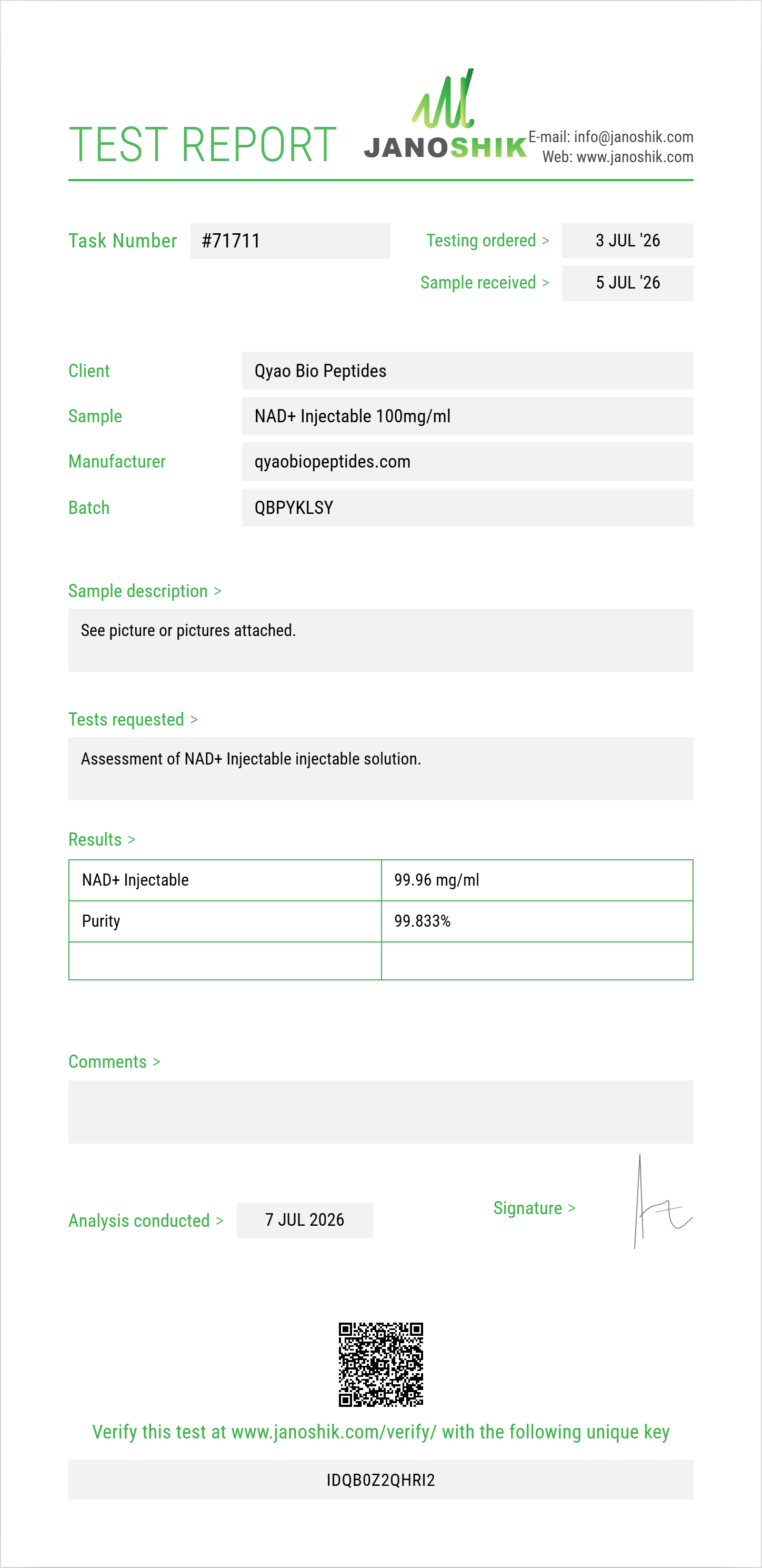 NAD+ Injectable Purity (HPLC) report by Janoshik Analytical