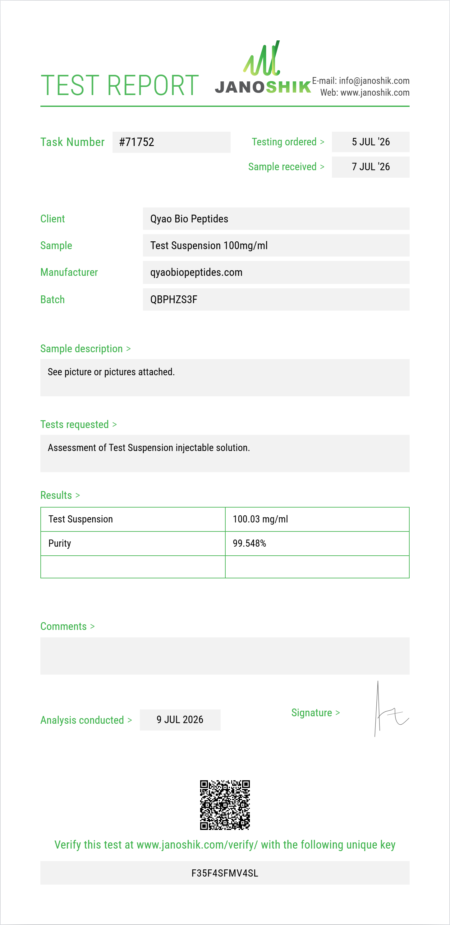 Test Suspension Purity (HPLC) report by Janoshik Analytical