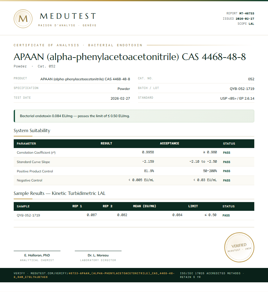 APAAN (alpha-phenylacetoacetonitrile) CAS 4468-48-8 Endotoxin report by Medutest