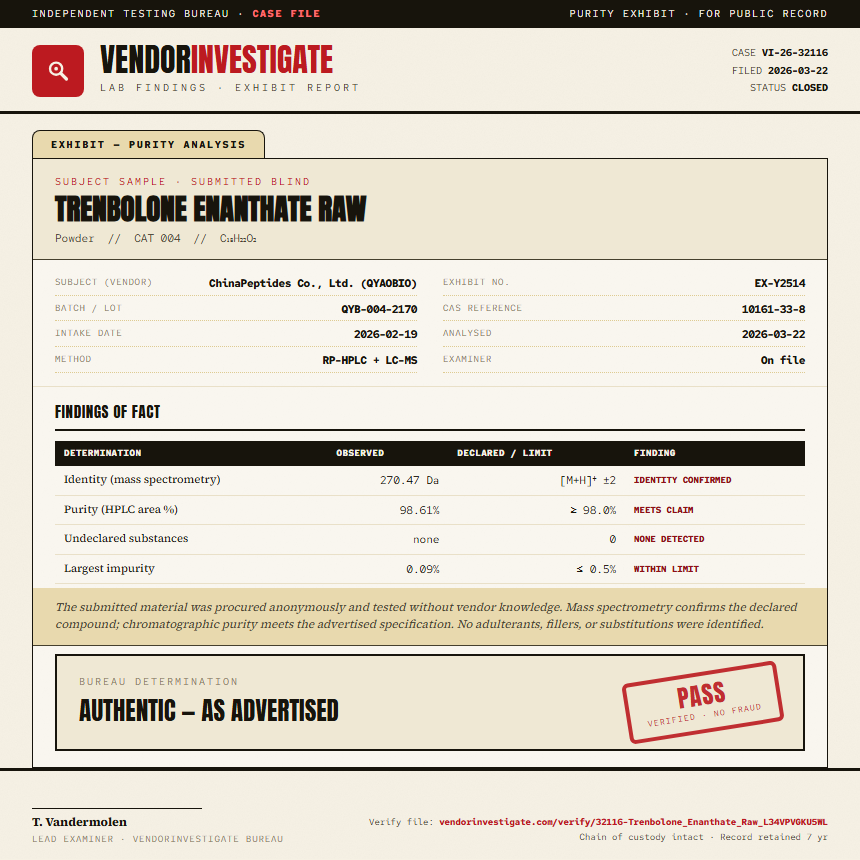 Trenbolone Enanthate Raw Purity (HPLC) report by VendorInvestigate